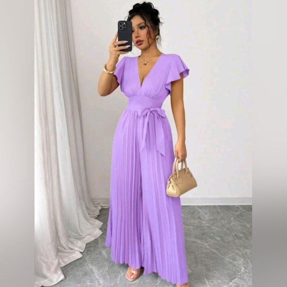 Women V-Neck Ruffled Sleeve Pleated Wide Leg Jumpsuit With Waist Cincher - Picture 1 of 5